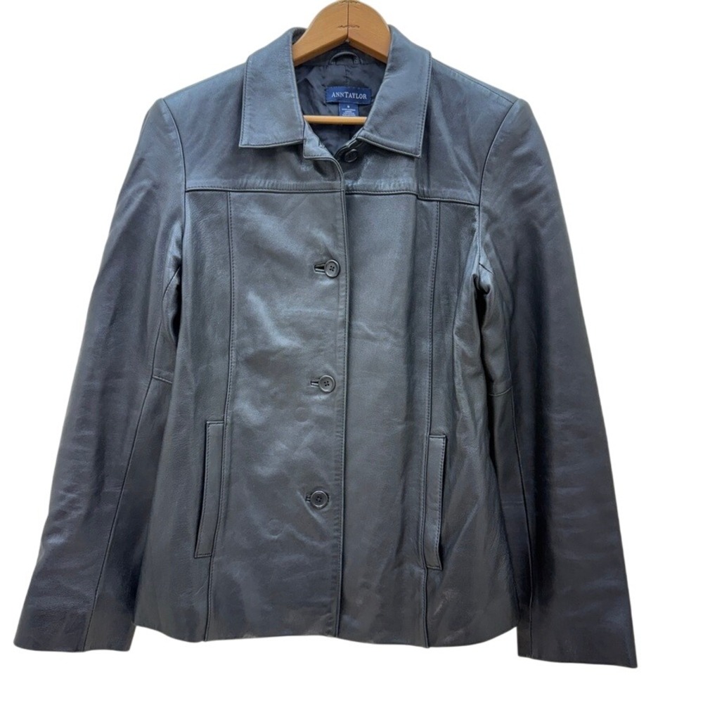 VTG Y2K Leather Jacket 90s Ann Taylor‎ Black Womens 8 Button Front Blazer Grunge